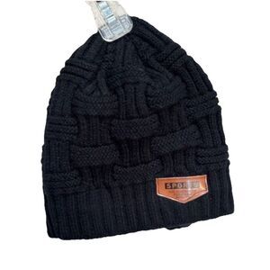 Sports Black Basketweave Knit Beanie Sherpa Lined Logo‎ Warm